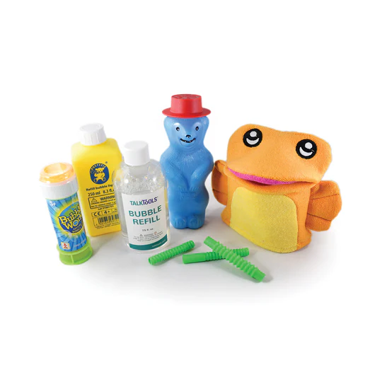 TalkTools Bubble Kit with Bubble Tube, Bubble Bear, bubble straws, puppet, and instruction booklet.